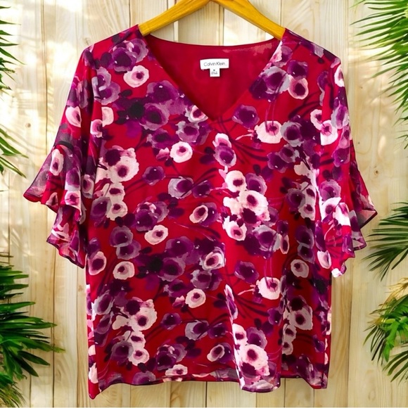 CALVIN KLEIN Red Blouse w/ Purple & White Floral Pattern - Medium - Picture 1 of 9